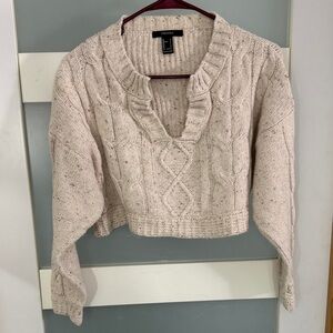 Forever 21 Oatmeal Cable-Knit V-Neck Cropped Sweater